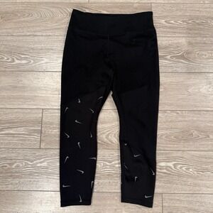 Nike Dri-FIT Women's Black Leggings Mid Calf‎ Gym Girl Swoosh Print Size Medium